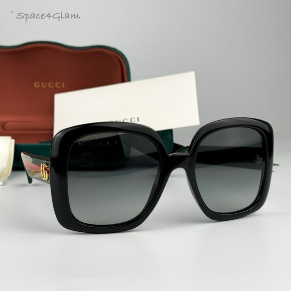 Gucci Woman Sunglasses Black Green Grey Gradient Oversized GG0713S 006 NEW